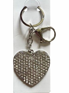 Crystal Pave Heart Keychain Charm - Silver with key ring and bag clip- new